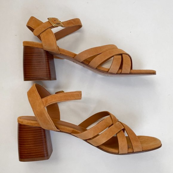 Rivecour Suede Sandals Brown Tan Leather $222 NEW Cross Stack Heel Block Ankle - Picture 4 of 12